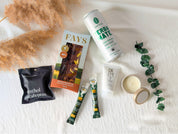 Boîte cadeau prompt rétablissement avec chocolat Fays, yerba maté Mateina et bougie détente québécoise